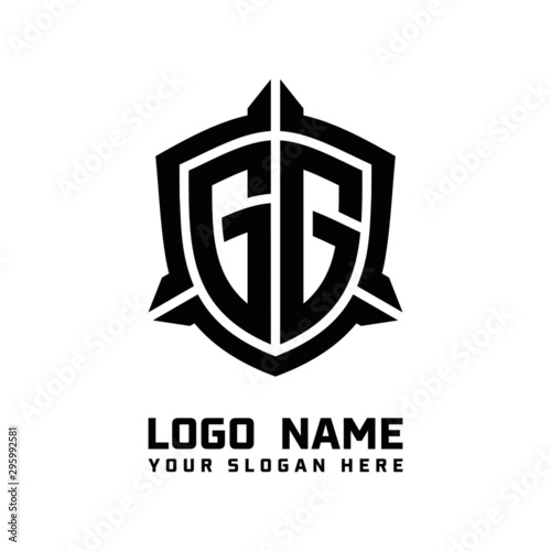 initial GG letter with shield style logo template vector. shield shape black monogram logo