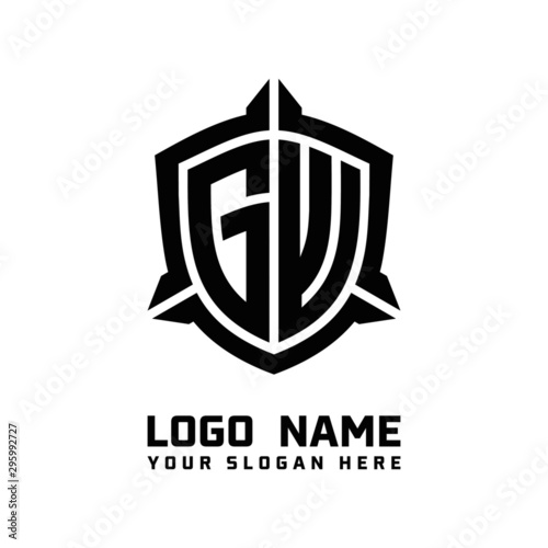 initial GW letter with shield style logo template vector. shield shape black monogram logo