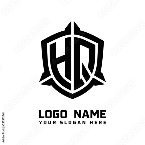 initial HQ letter with shield style logo template vector. shield shape black monogram logo