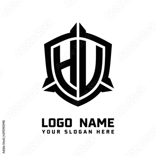 initial HU,HV letter with shield style logo template vector. shield shape black monogram logo