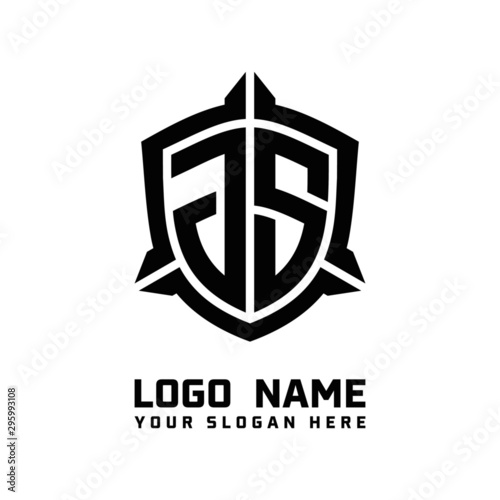 initial JS letter with shield style logo template vector. shield shape black monogram logo