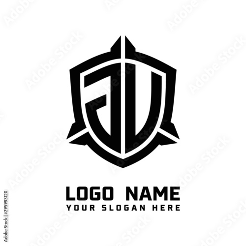 initial JU, JV letter with shield style logo template vector. shield shape black monogram logo