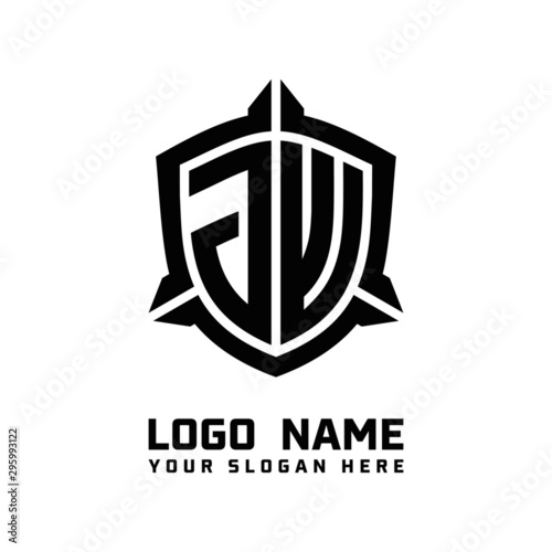 initial JW letter with shield style logo template vector. shield shape black monogram logo