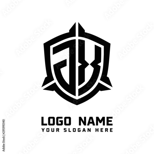 initial JX letter with shield style logo template vector. shield shape black monogram logo