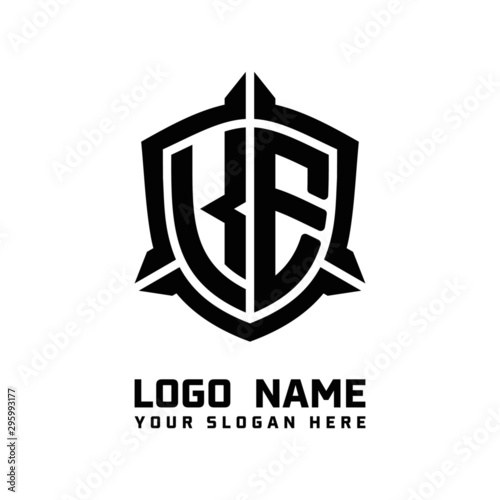 initial KE letter with shield style logo template vector. shield shape black monogram logo