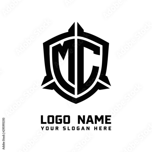 initial MC letter with shield style logo template vector. shield shape black monogram logo