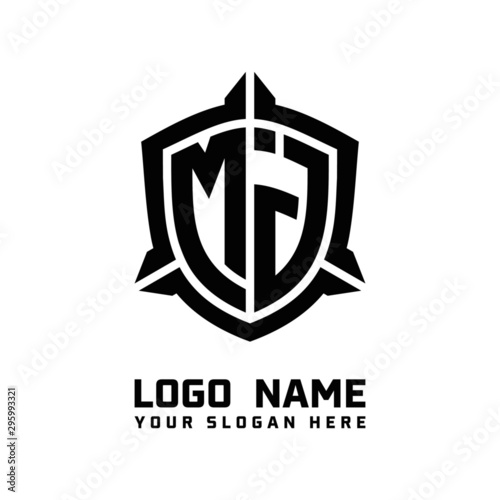 initial MJ letter with shield style logo template vector. shield shape black monogram logo