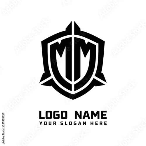 initial MM letter with shield style logo template vector. shield shape black monogram logo