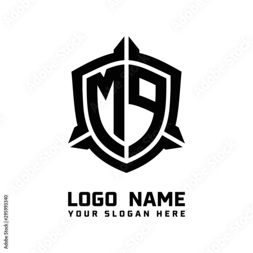 initial MP letter with shield style logo template vector. shield shape black monogram logo