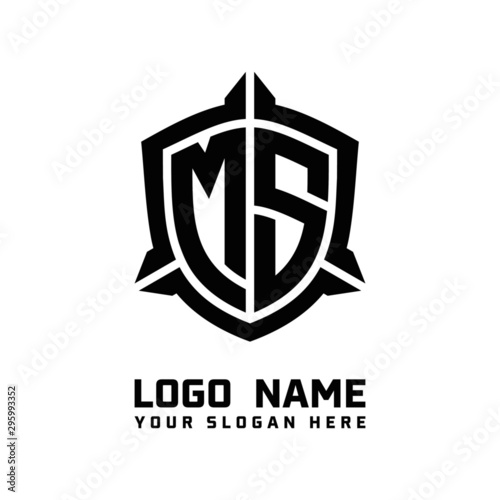initial MS letter with shield style logo template vector. shield shape black monogram logo