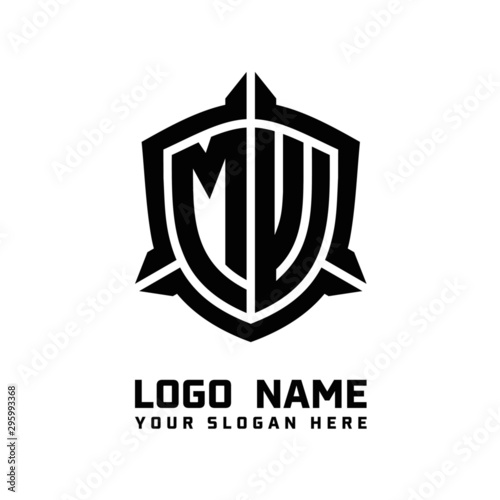 initial MW letter with shield style logo template vector. shield shape black monogram logo