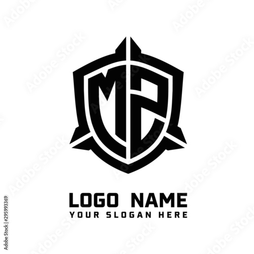 initial MZ letter with shield style logo template vector. shield shape black monogram logo