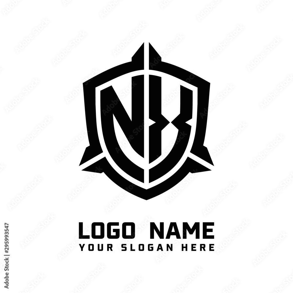 initial NX letter with shield style logo template vector. shield shape black monogram logo initial NX letter with shield style logo template vector. shield shape black monogram logo
