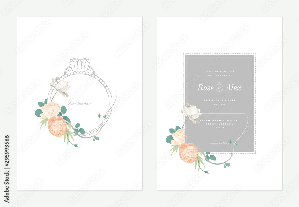 Flowers and foliage wedding invitation card template design, wedding ring decorated with roses and leaves on white