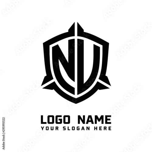 initial NU, NV letter with shield style logo template vector. shield shape black monogram logo