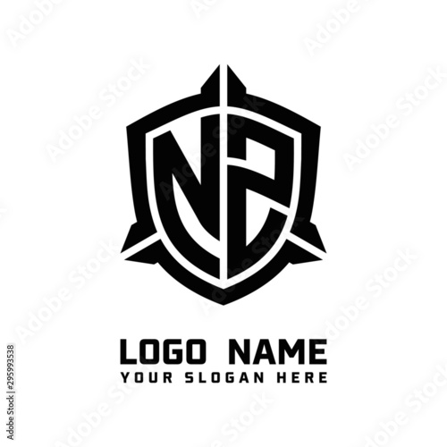 initial NZ letter with shield style logo template vector. shield shape black monogram logo