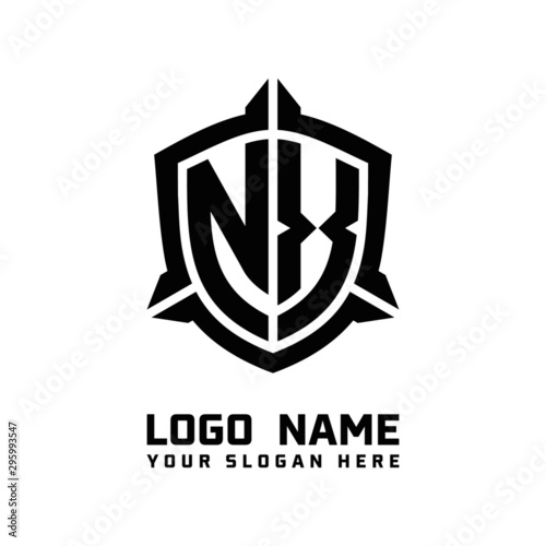 initial NX letter with shield style logo template vector. shield shape black monogram logo