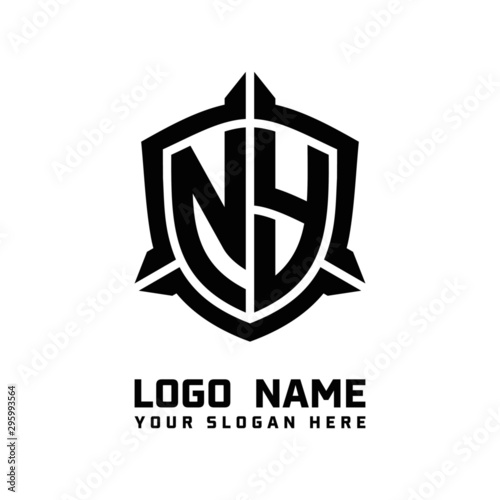 initial NY letter with shield style logo template vector. shield shape black monogram logo