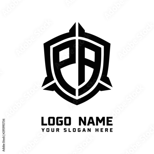 initial PA letter with shield style logo template vector. shield shape black monogram logo