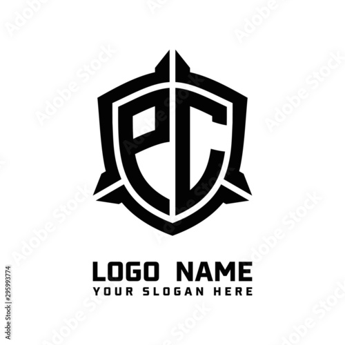 initial PC letter with shield style logo template vector. shield shape black monogram logo