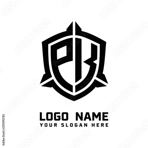 initial PK letter with shield style logo template vector. shield shape black monogram logo