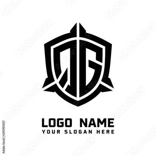 initial QG letter with shield style logo template vector. shield shape black monogram logo