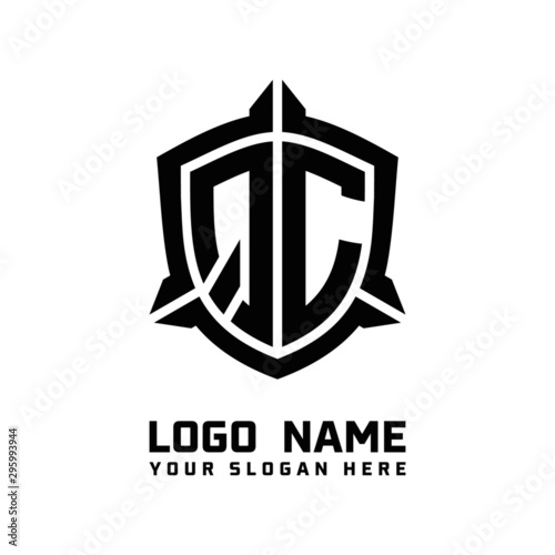 initial QC letter with shield style logo template vector. shield shape black monogram logo
