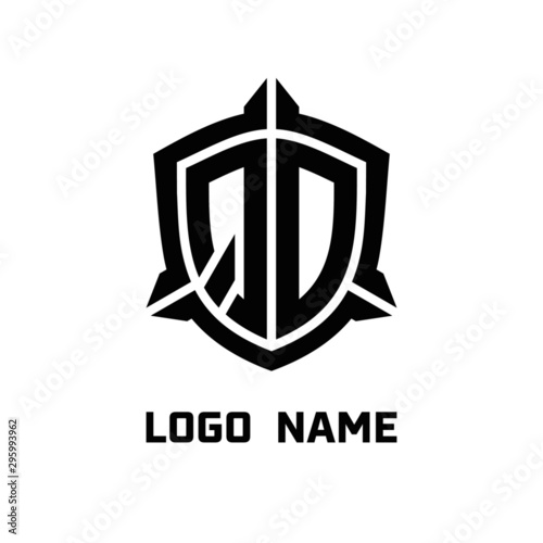 initial QO letter with shield style logo template vector. shield shape black monogram logo