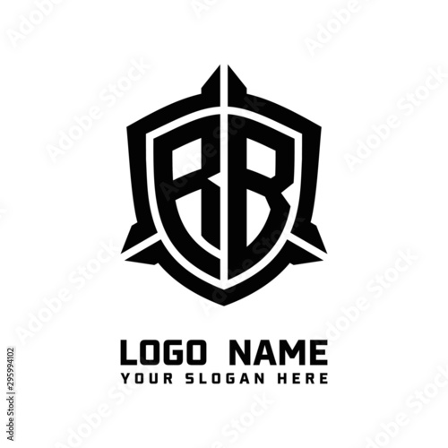 initial RB letter with shield style logo template vector. shield shape black monogram logo