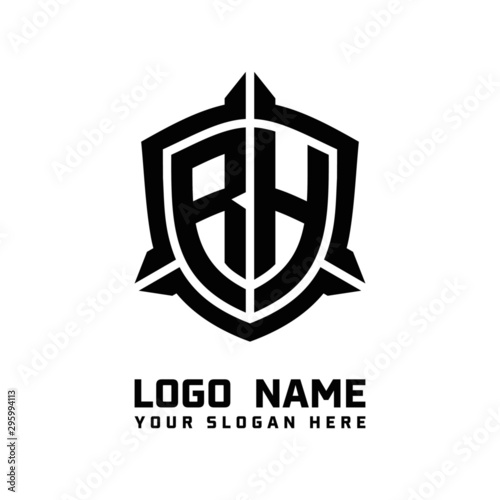 initial RH letter with shield style logo template vector. shield shape black monogram logo