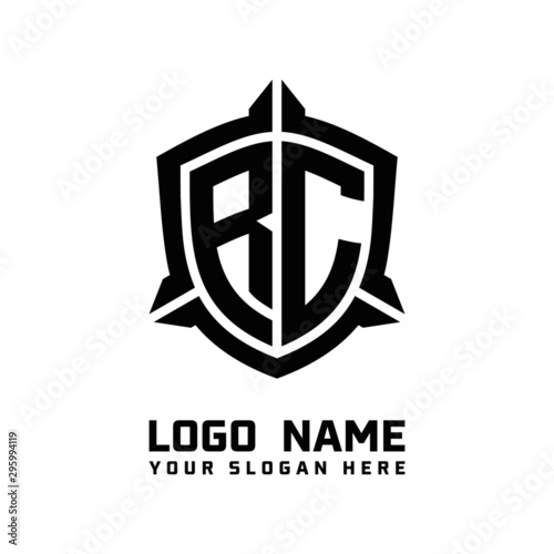 initial RC letter with shield style logo template vector. shield shape black monogram logo