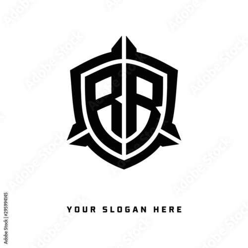 initial RR letter with shield style logo template vector. shield shape black monogram logo