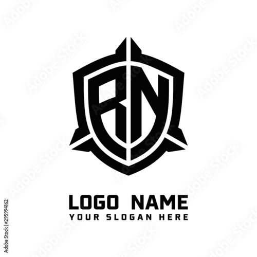 initial RN letter with shield style logo template vector. shield shape black monogram logo