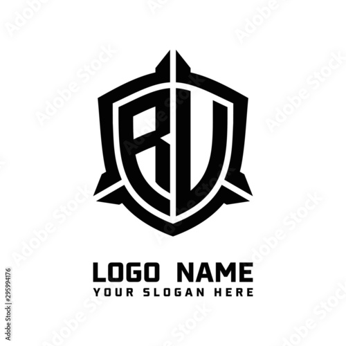 initial RU, RV letter with shield style logo template vector. shield shape black monogram logo