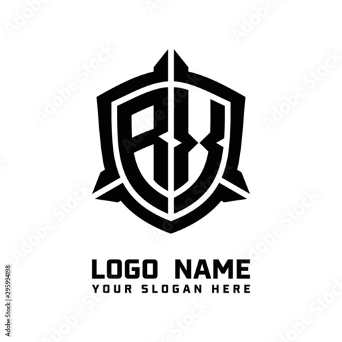 initial RX letter with shield style logo template vector. shield shape black monogram logo
