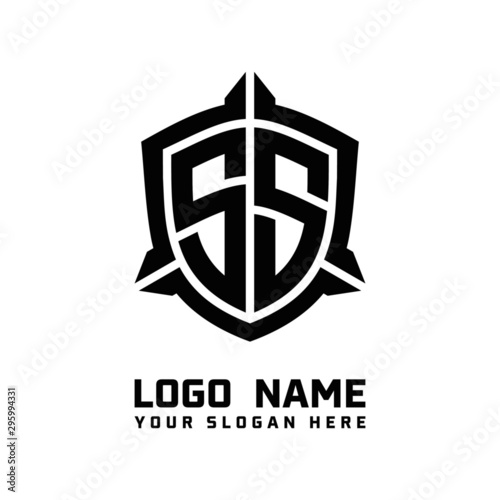 initial SS letter with shield style logo template vector. shield shape black monogram logo