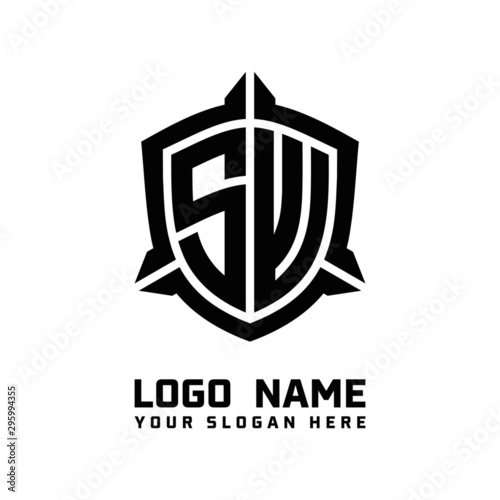 initial SW letter with shield style logo template vector. shield shape black monogram logo