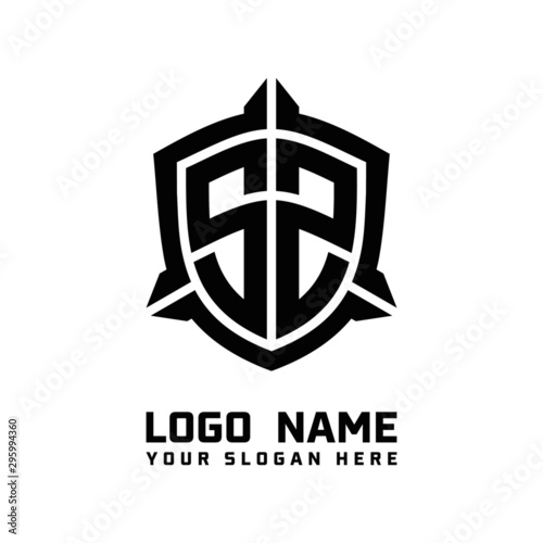 initial SZ letter with shield style logo template vector. shield shape black monogram logo