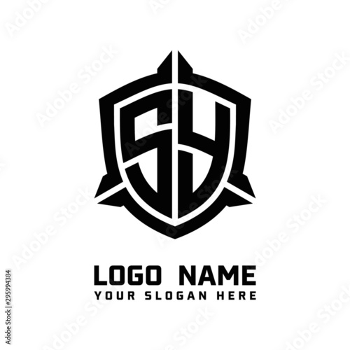 initial SY letter with shield style logo template vector. shield shape black monogram logo