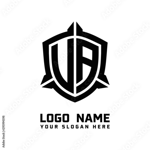 initial UA, VA letter with shield style logo template vector. shield shape black monogram logo