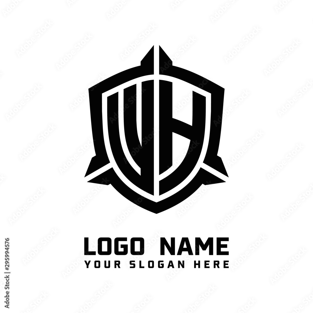 initial WH letter with shield style logo template vector. shield shape black monogram logo initial WH letter with shield style logo template vector. shield shape black monogram logo