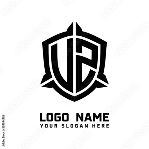 initial UZ, VZ letter with shield style logo template vector. shield shape black monogram logo
