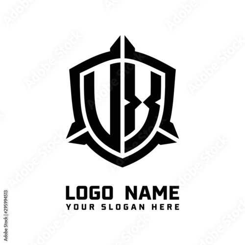 initial UX, VX letter with shield style logo template vector. shield shape black monogram logo