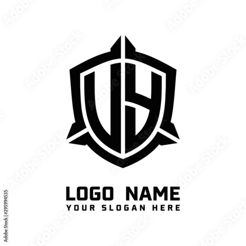 initial UY, VY letter with shield style logo template vector. shield shape black monogram logo