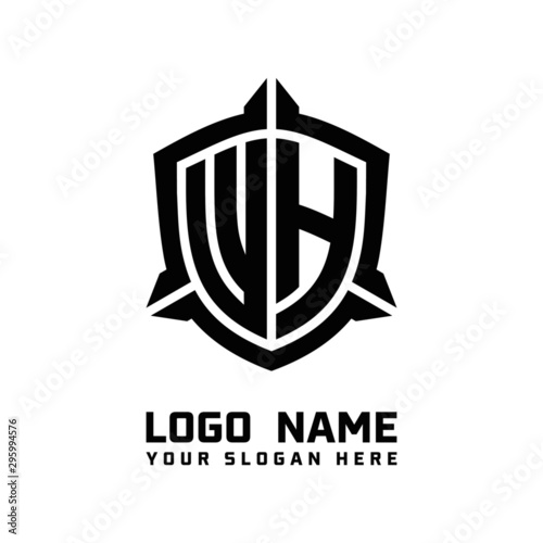 initial WH letter with shield style logo template vector. shield shape black monogram logo