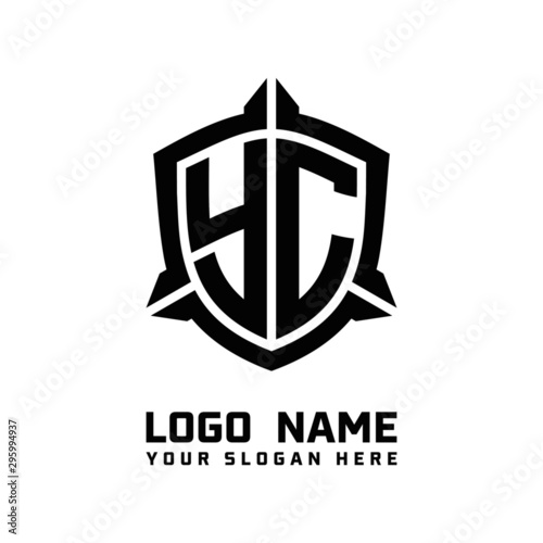 initial YC letter with shield style logo template vector. shield shape black monogram logo