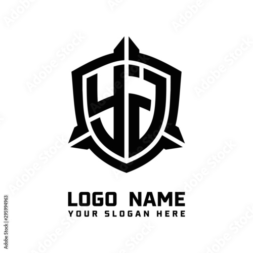 initial YJ letter with shield style logo template vector. shield shape black monogram logo