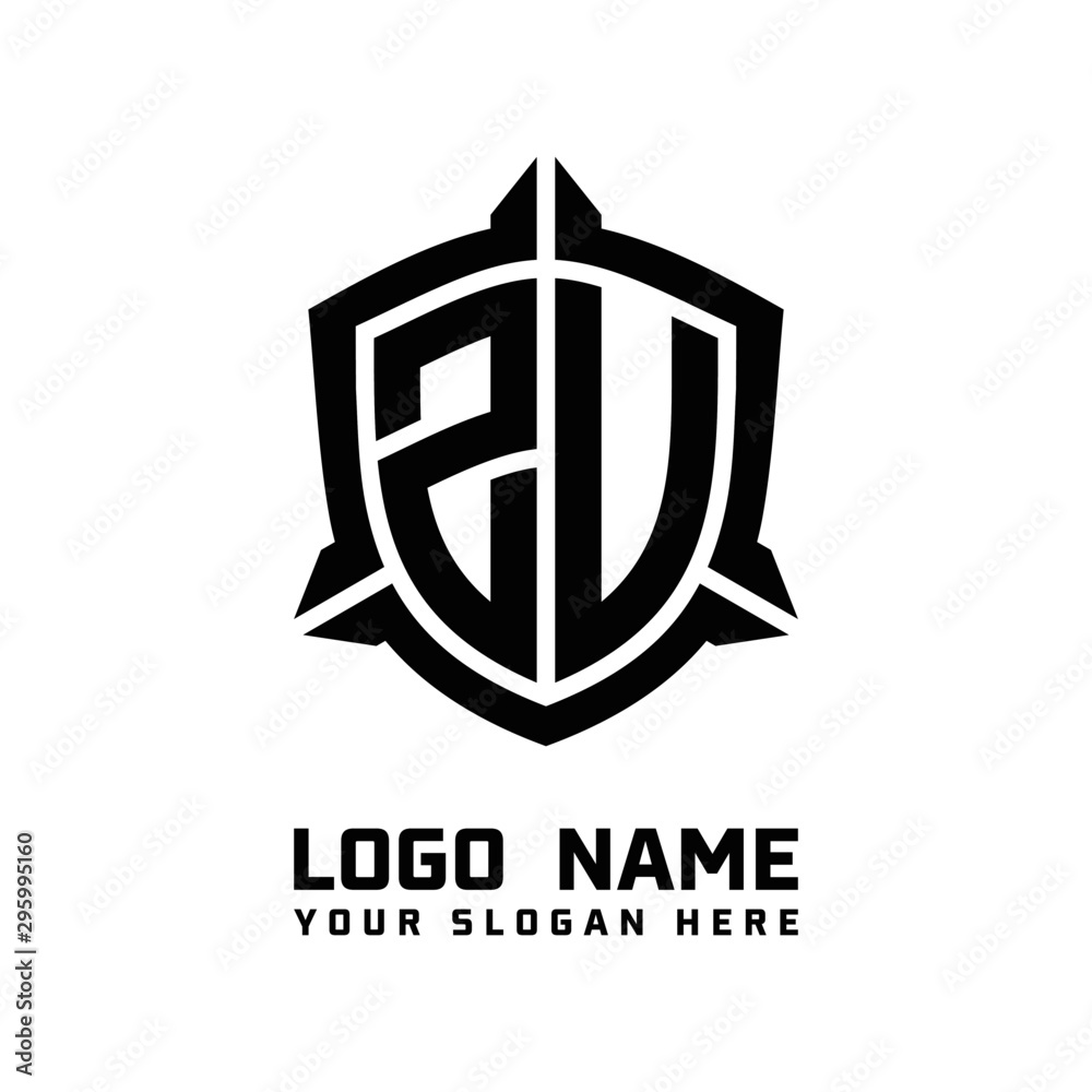 initial ZU, ZV letter with shield style logo template vector. shield shape black monogram logo initial ZU, ZV letter with shield style logo template vector. shield shape black monogram logo