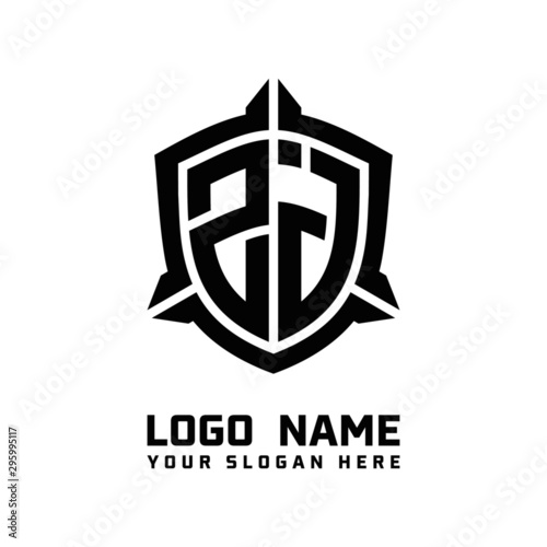 initial ZJ letter with shield style logo template vector. shield shape black monogram logo