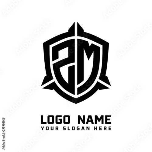 initial ZM letter with shield style logo template vector. shield shape black monogram logo
